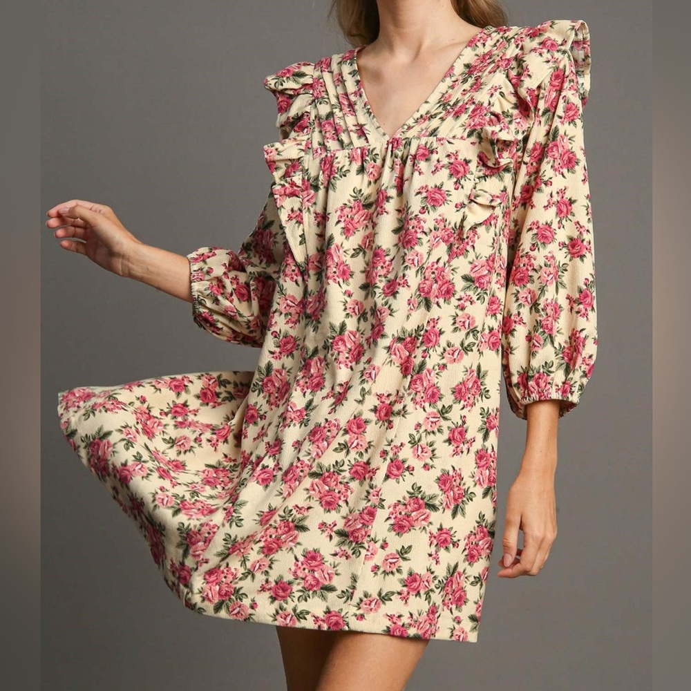 Umgee floral ruffle sleeve corduroy mini dress